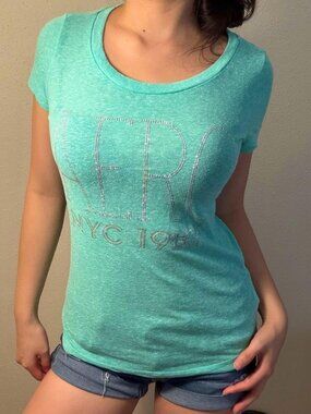 Aeropostale AERO nyc 1987 Teal Rhinestone Graphic T-Shirt